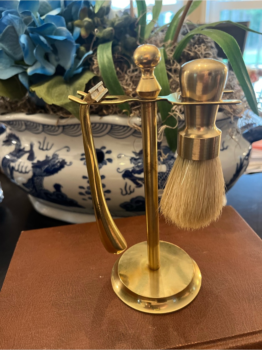 Polished Gold Shaving Stand with Brush and Razor - Men Grooming